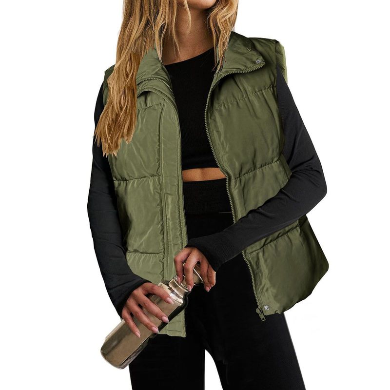 Damenbekleidung Leichte Steppweste mit Stehkragen, ärmellose, warme Winterjacke mit Reißverschluss und Taschen_voghion.com