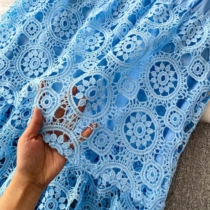 Zachte blauwe getailleerde top met pofmouwen + hoge taille slanke kanten cakerok, tweedelige set_voghion.com