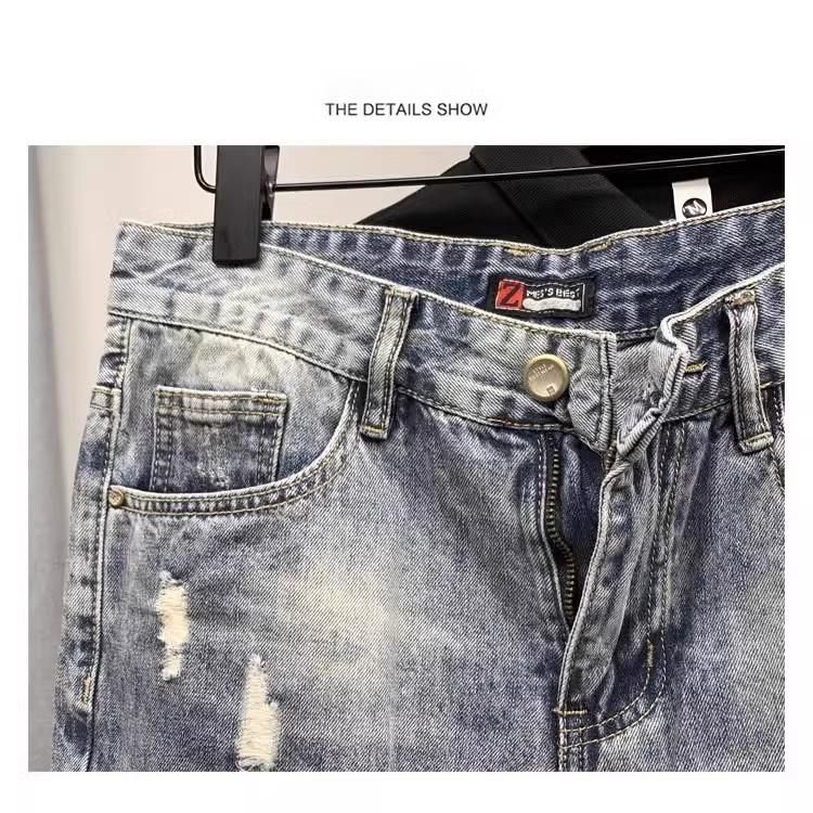 Ripped Denim For Men Summer Thin Stretch Large Size Slim Straight Youth Five-Point Mid-Length Casual Shorts_voghion.com