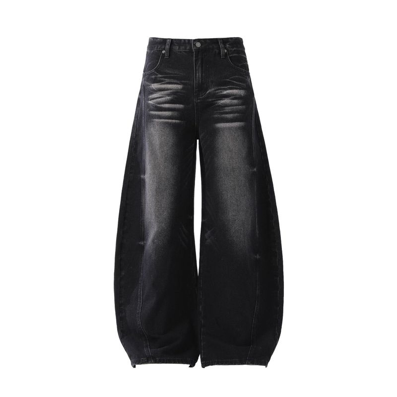 Deconstructed Raw Hem Men's Jeans | American High Street Baggy J-Curve Fit With Whisker Wash_voghion.com
