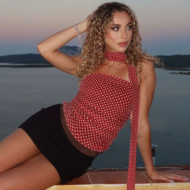 Women's 2025 Spring Summer New Fashion Sexy Polka Dot Print Slim Fit Patchwork Tube Top_voghion.com
