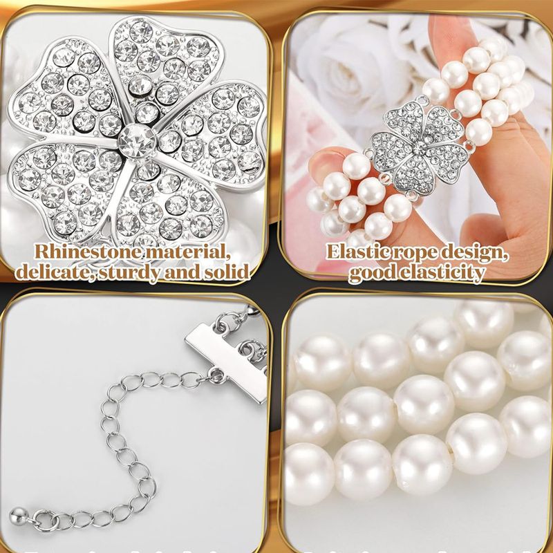 Handmade Gift White Pearl Clover Necklace Earrings Bracelet Three Piece Bride Girl Jewelry Set_voghion.com