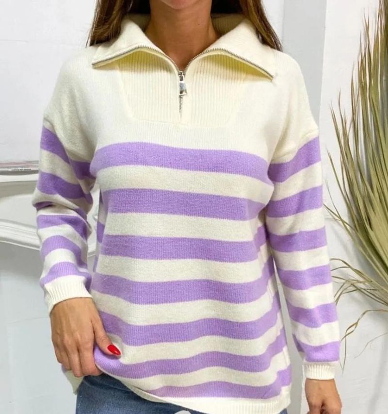 Half rits revers contrasterende kleur losse plus gestreepte gebreide trui jas brede streep_voghion.com