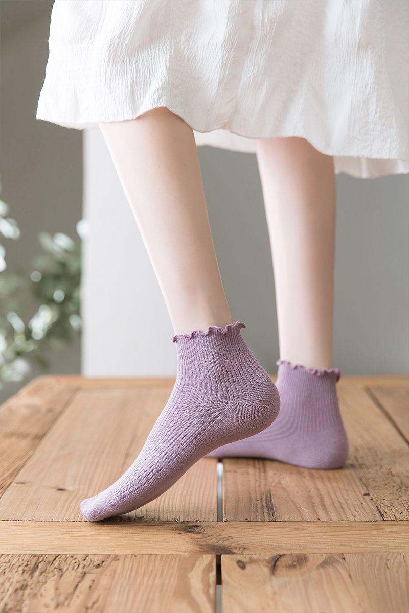2 pairs of socks for women in a set, spring and summer, wood ear edge boat socks, double needle women's Japanese style short style, women's solid color lace women's socks_voghion.com