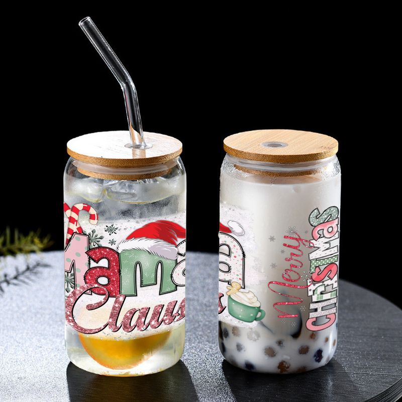 Nowoczesny, minimalistyczny świąteczny kubek z bambusową pokrywką i słomką – kubek borokrzemianowy o pojemności 16 uncji, ekologiczny i szczelny (zestaw 2 szt.)_voghion.com