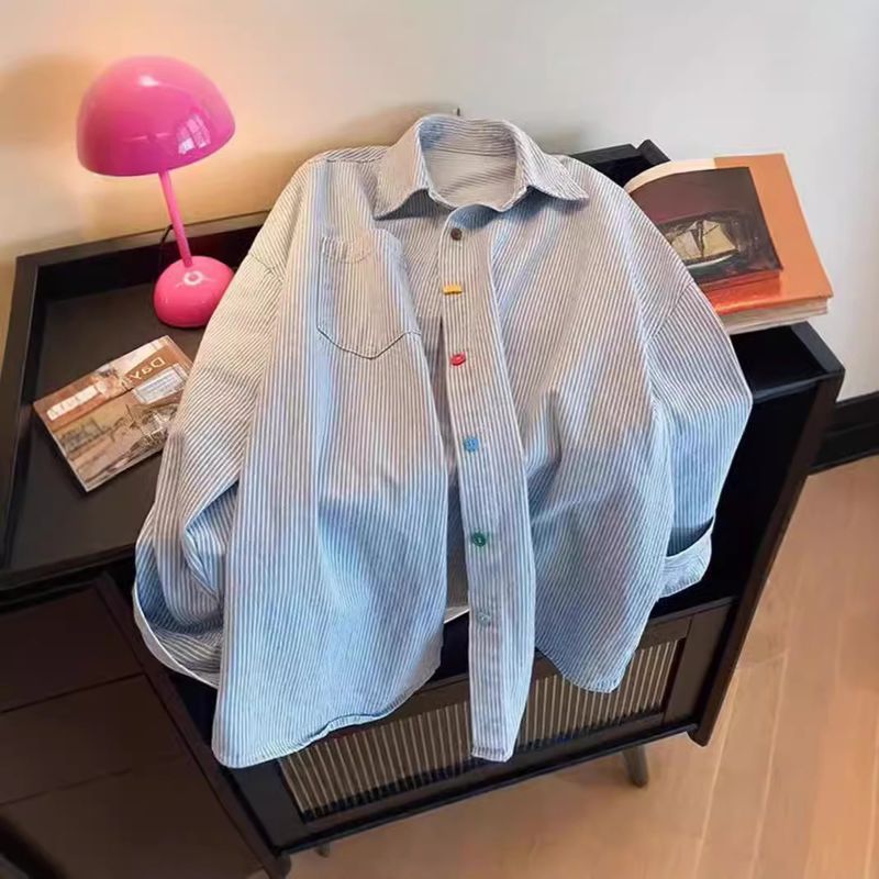 Vintage Blue And White Striped Long Sleeve Denim For Women, Fall 2024 New Design With Colorful Button Turn-down Collar_voghion.com