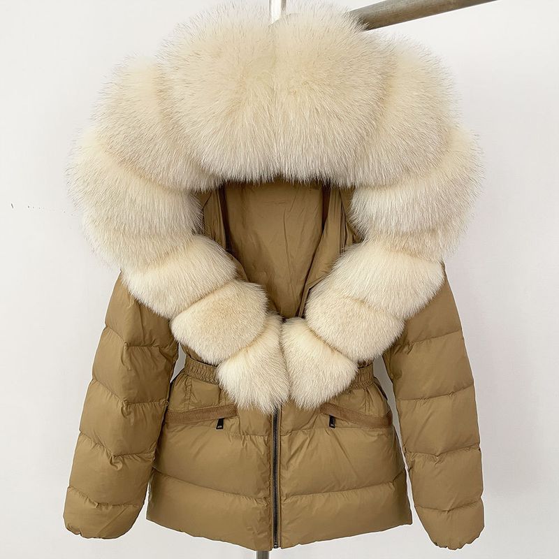 Nuovo stile caldo del commercio estero, giacca corta da donna con collo in vera pelliccia di volpe, giacca in piumino con vita sottile e spessa_voghion.com