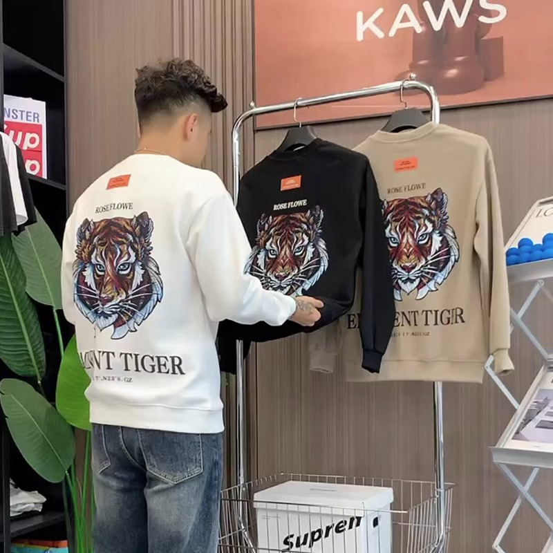 Men's hoodie 2023 autumn new trendy brand tiger head printed pure cotton long sleeved T-shirt youth casual versatile top_voghion.com