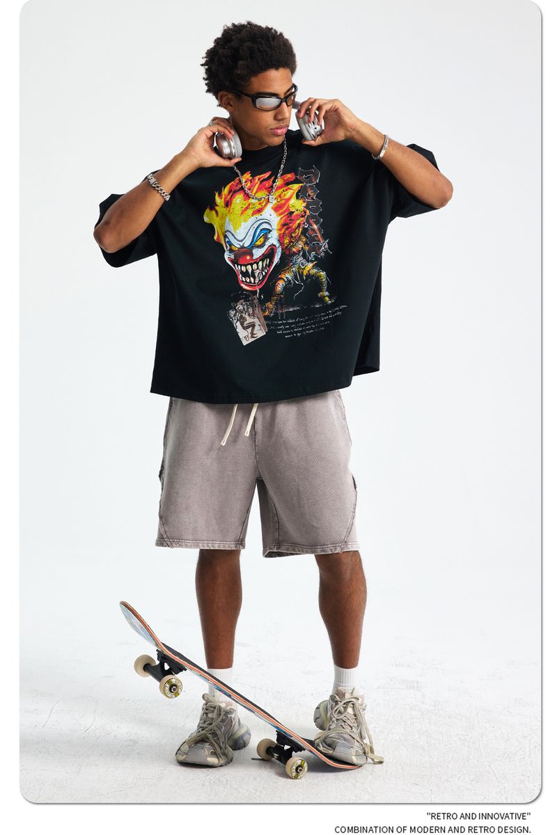 Maglietta da uomo a maniche corte con stampa a pipistrello Dark Clown, maglietta da uomo ampia alla moda di strada americana_voghion.com
