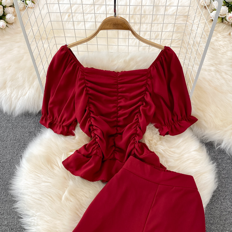 Pantalon décontracté pour femmes, taille haute, drapé, jambes larges, ensemble deux pièces, col carré, chemise courte et slim_voghion.com