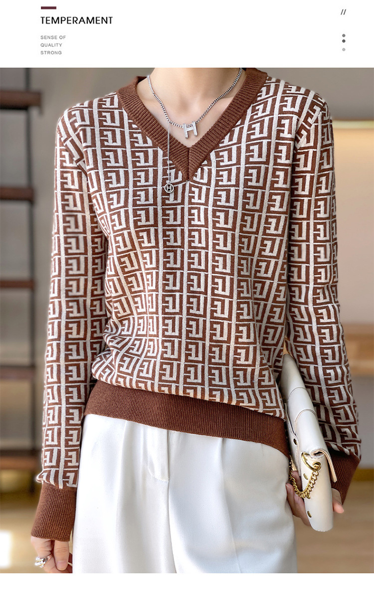 Top a maniche lunghe con base lavorata a maglia in lana con scollo a V alla moda da donna_voghion.com