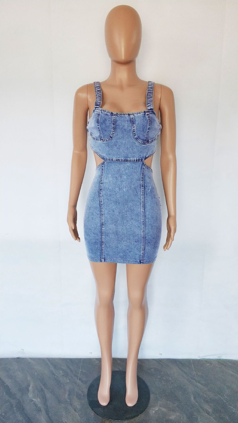 Abito corto in denim alla moda da donna, sexy, allacciato alla caviglia_voghion.com