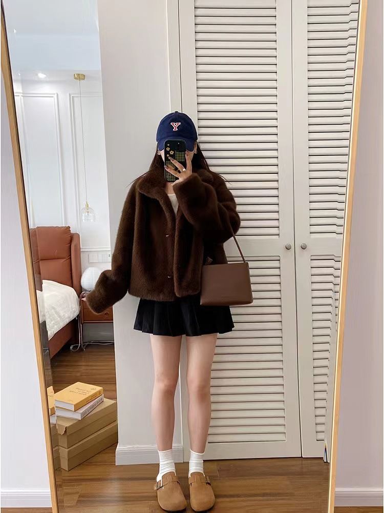 Damenbekleidung Stehkragen Kurzer Nerzsamt Damen Kunstsamt Nerzpelzmantel Kurzer Stehkragen Winter Umweltfreundliche Kunstpelzjacke_voghion.com