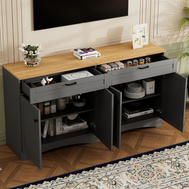ON-TREND Farmhouse TV Stand With 2 Drawers For TVs Up To 70', Versatile Wood Grain Sideboard With Adjustable Shelves, Mid-Century Buffet Cabinet Wit_voghion.com