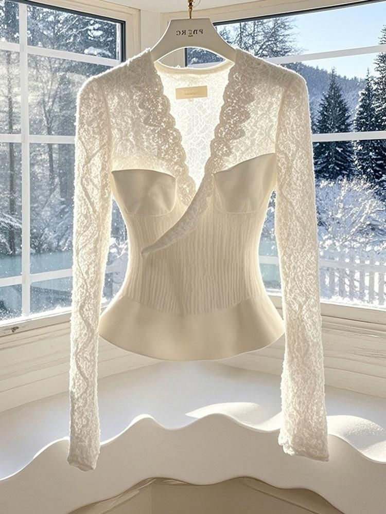 Chemisier en velours et dentelle pour femme - Élégant chemisier blanc à bordure en dentelle style français - Coupe ajustée - Haut pour femme automne-hiver_voghion.com