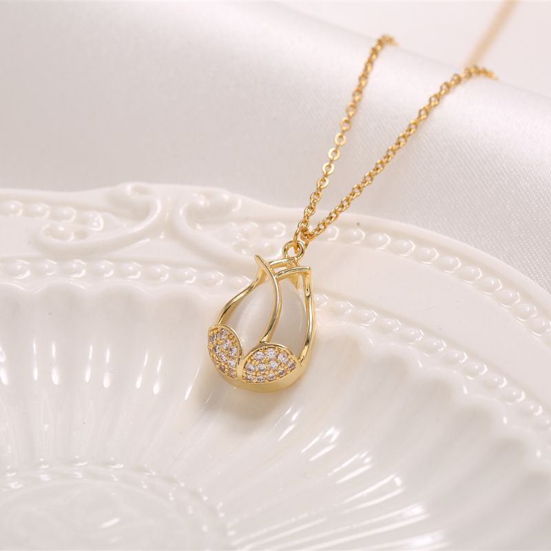 2021 Tulip Flower Necklace Cat's Eye Stone Diamond Pendant Women's Personalized Collar Chain with Colorless Design_voghion.com