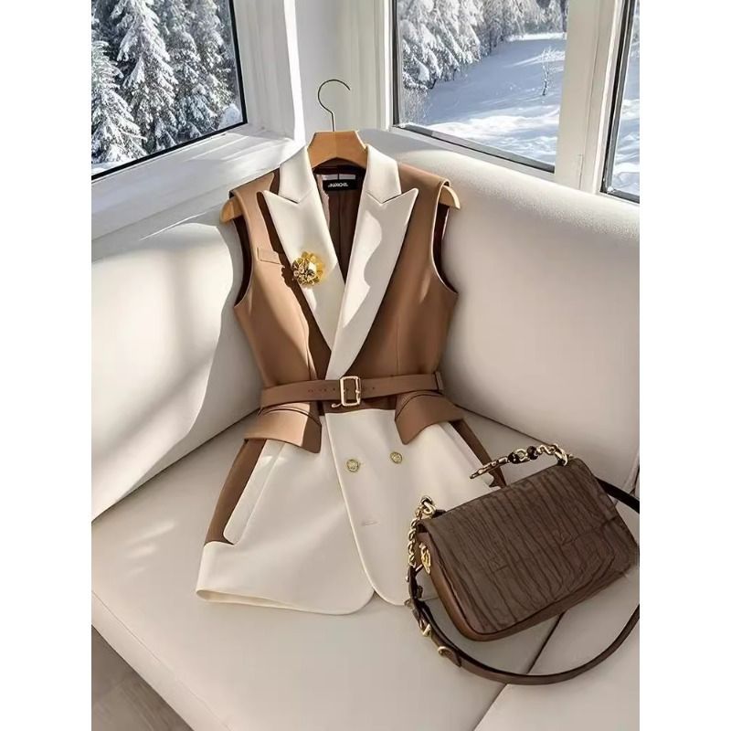 Frühling Sommer Jacke Weste Farbe Block Kaffee Ärmellose Blazer Weste Retro Weibliche Oberbekleidung Alle-spiel Mode Büro Dame_voghion.com