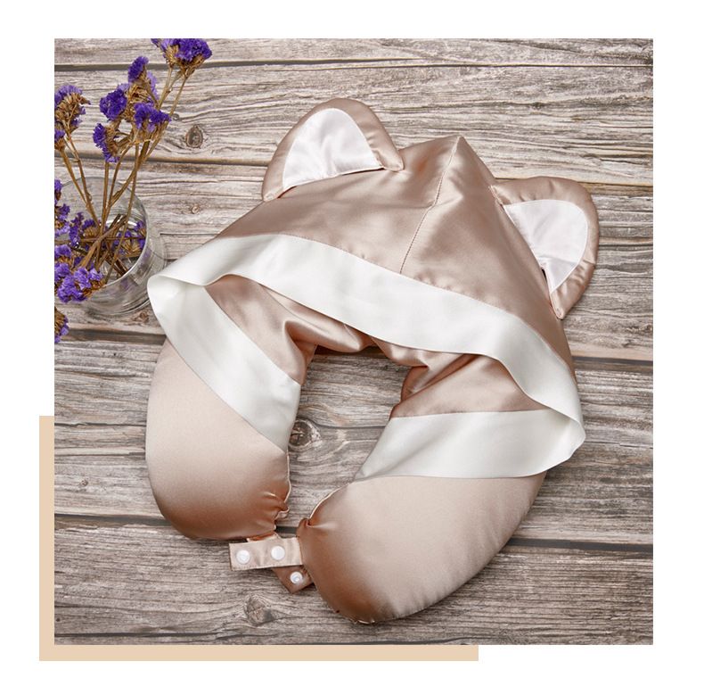 Cuscino da viaggio in seta con cappuccio – Lussuoso cuscino a forma di U a forma di gatto per uso in aereo, ufficio e casa, traspirante e morbido._voghion.com