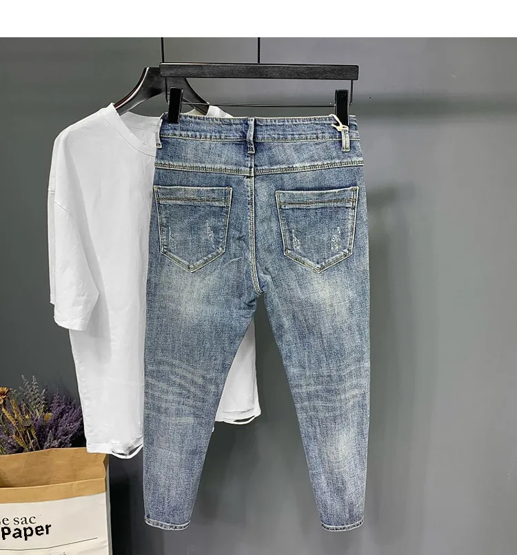 Trendy Herren Jeans, Slim Fit, Zerrissen, 9 Punkte, Elastische Jogger, Sommer, Casual Style, Kleiner Fuß, Bleistifthose Für Männer_voghion.com