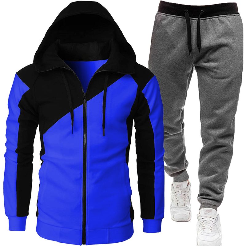 Autumn and winter foreign trade sports two-color splicing coat long men plus fleece thick sports suit two-piece set_voghion.com