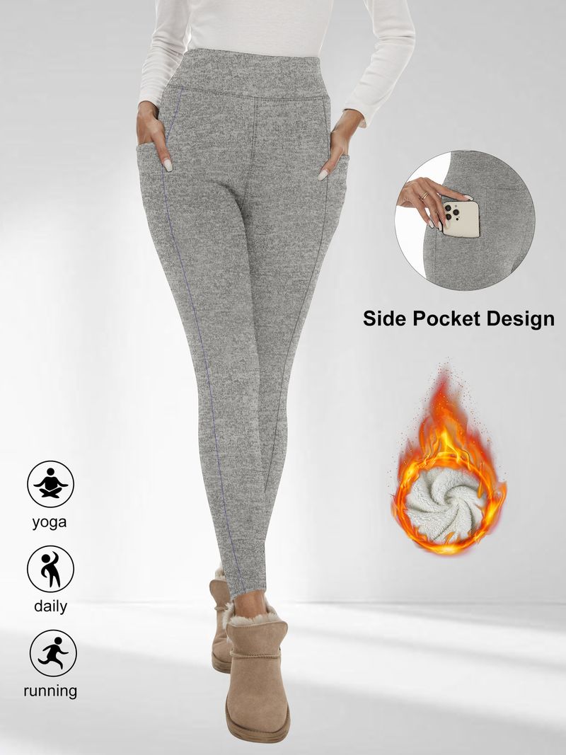 Leggings a vita alta con fodera in pile spesso e tasche – Pantaloni da yoga caldi ed elastici per donna (nero, blu navy, rosso vino, grigio scuro)_voghion.com