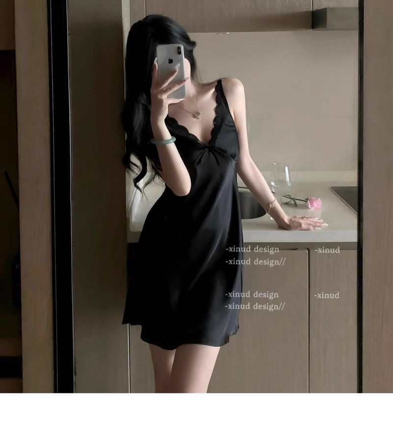 Camicia da notte sexy, delicata sulla pelle, con fiocco in seta ghiacciata, con bretelle in pizzo dolce, comoda e morbida, per il desiderio puro del vento_voghion.com