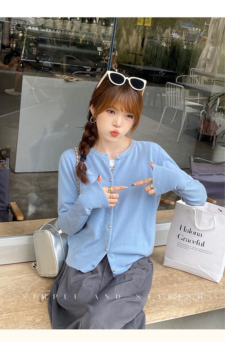 girl Korean Style Knitted Cardigan For Women, Autumn New Outerwear Sweater, Short Slim Fit Inner Layer Base Shirt Top_voghion.com