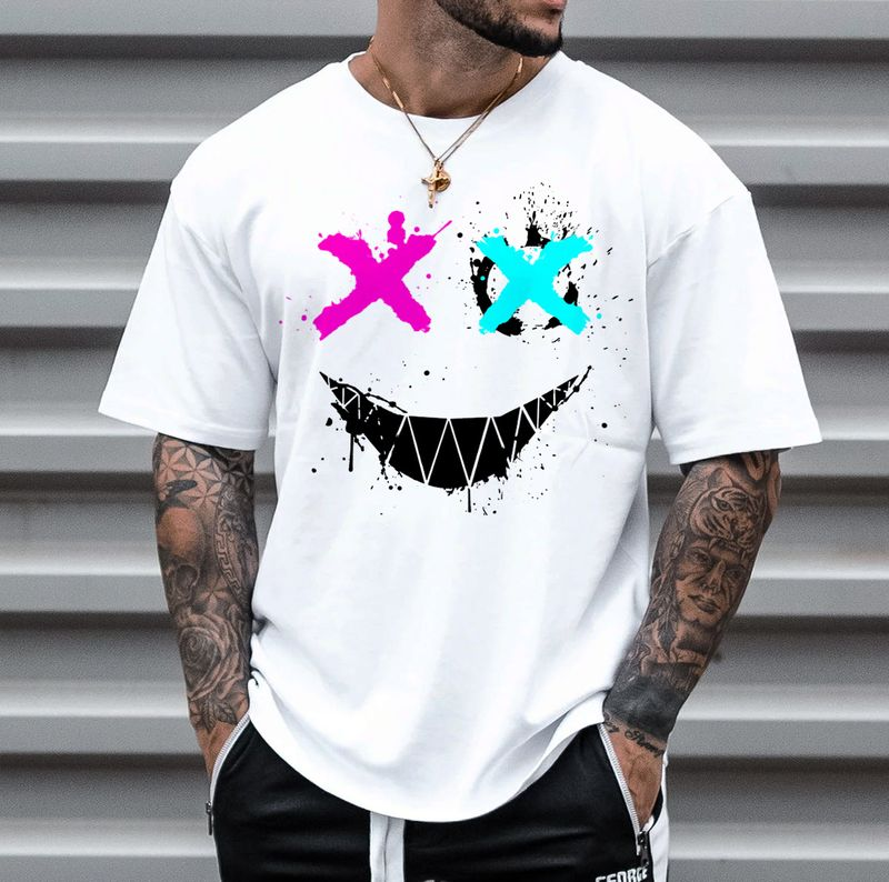 Erkek Büyük Beden Moda Smiley Baskı Kısa Kollu Tişört Günlük Yuvarlak Yaka Üstler_voghion.com