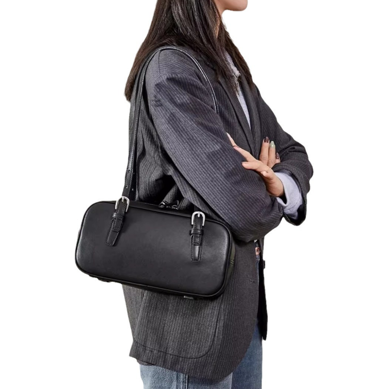 Qiu Zhen Bowling für Damen, kleine Menschenmenge, pflanzengegerbte Hauptschicht, Kuhgrün, Schwarz, echtes Leder, Unterarmtasche_voghion.com