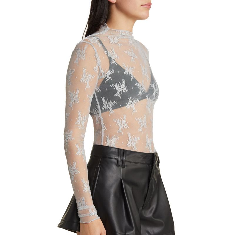 Lace Top With Semi-high Collar And See-through Mesh Base Layer; Sexy_voghion.com