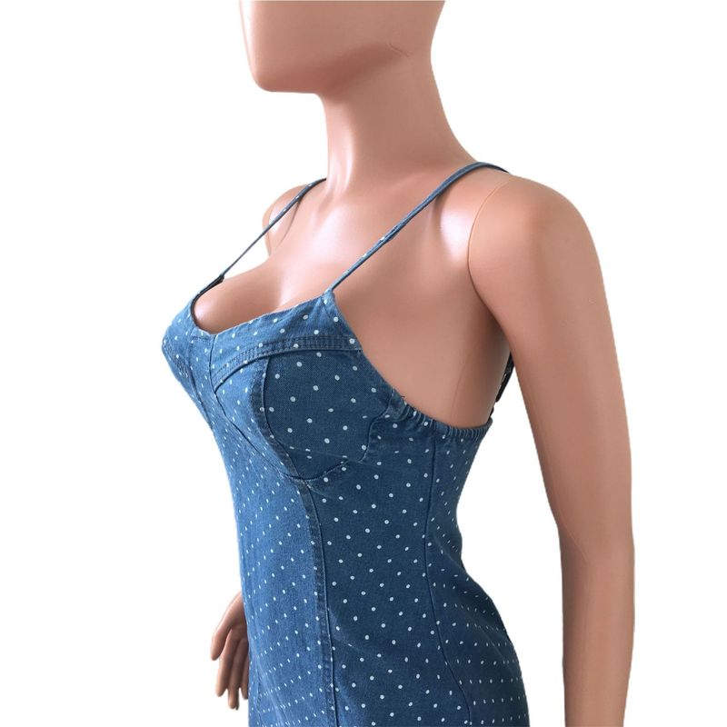 Abito in denim attillato a pois con gonna allacciata alla caviglia sexy alla moda da donna_voghion.com