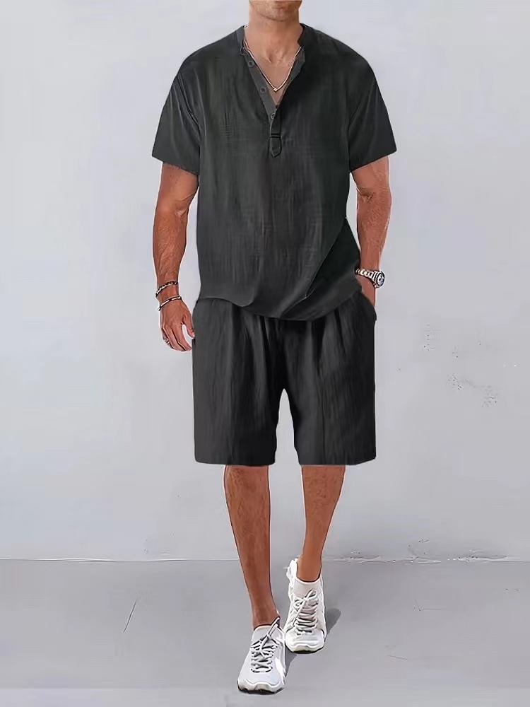 2023 Summer New Men's Solid Color Casual Short Sleeve T-Shirt And Shorts Set_voghion.com