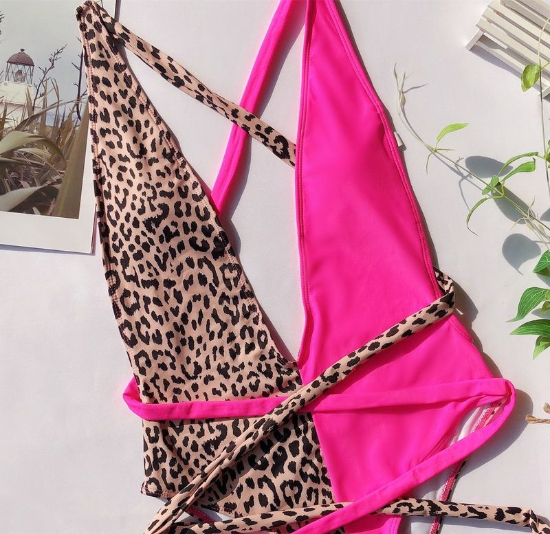 2020 New Bikini Swimsuit Women's One-Piece Leopard Print Patchwork Tie Swimwear_voghion.com