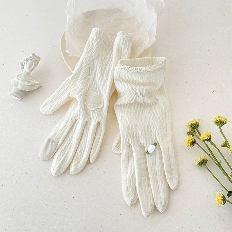 Cienkie damskie rękawiczki przeciwsłoneczne Fresh Style, do ekranów dotykowych, do jazdy samochodem latem, antypoślizgowe, z ochroną UV, z bawełny marszczonej._voghion.com