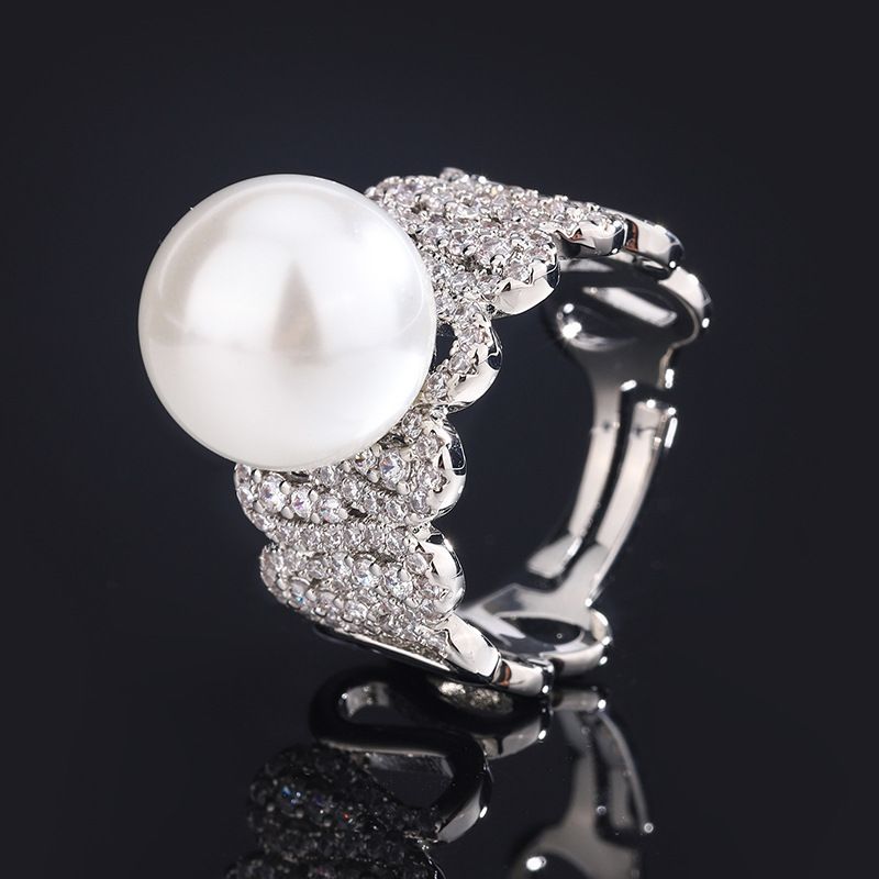 2023 Zhuangsheng Jewelry Copper Plated Platinum New Pairing Pearl Style Personalized Women's Ring 12mm_voghion.com
