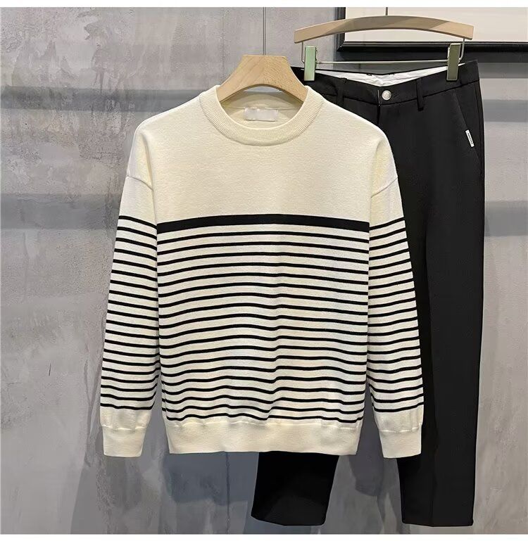 Autumn Winter New Long Sleeve Knitted Sweater Men's Striped Slim Fit Business Round Neck Base Layer_voghion.com