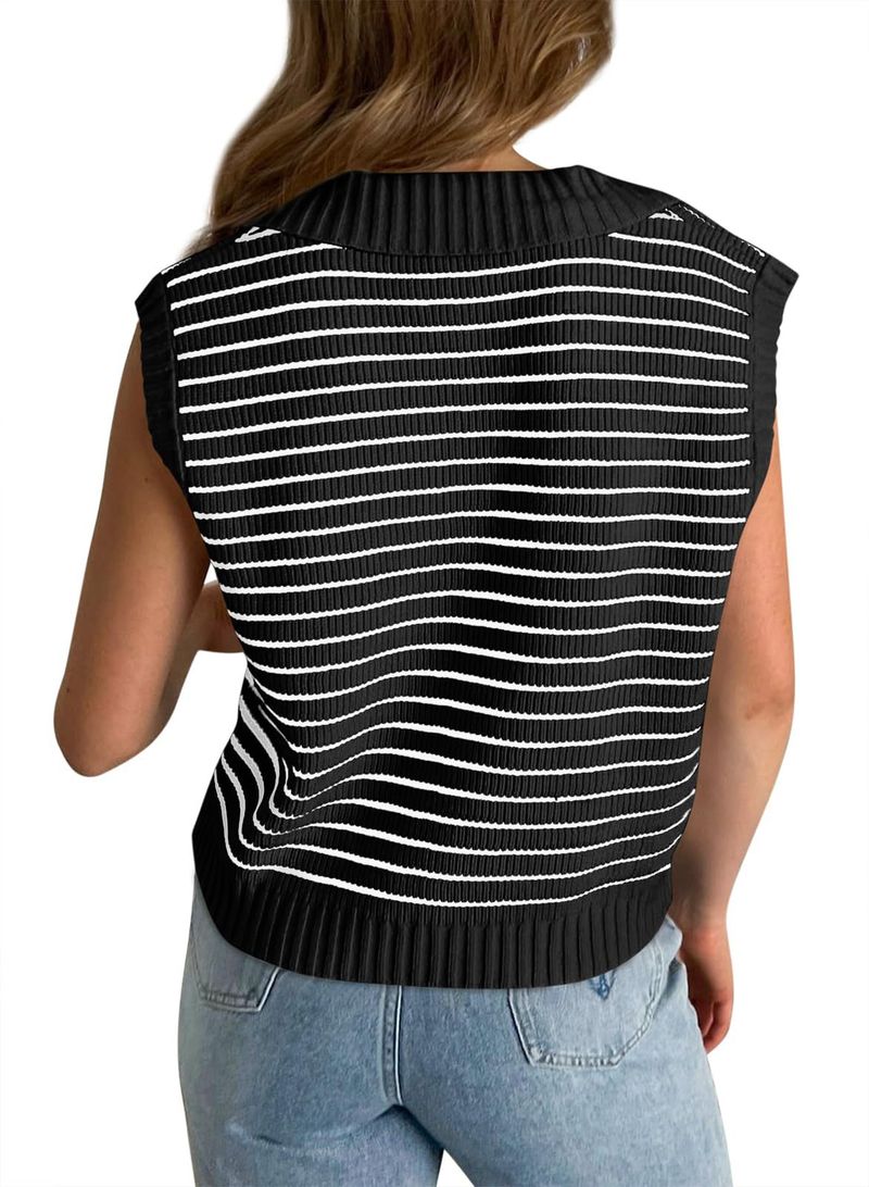 Maglia a righe con scollo a V da donna - Maglione pullover a maniche corte in stile francese, vestibilità ampia - T-shirt casual leggera in misto rayon_voghion.com
