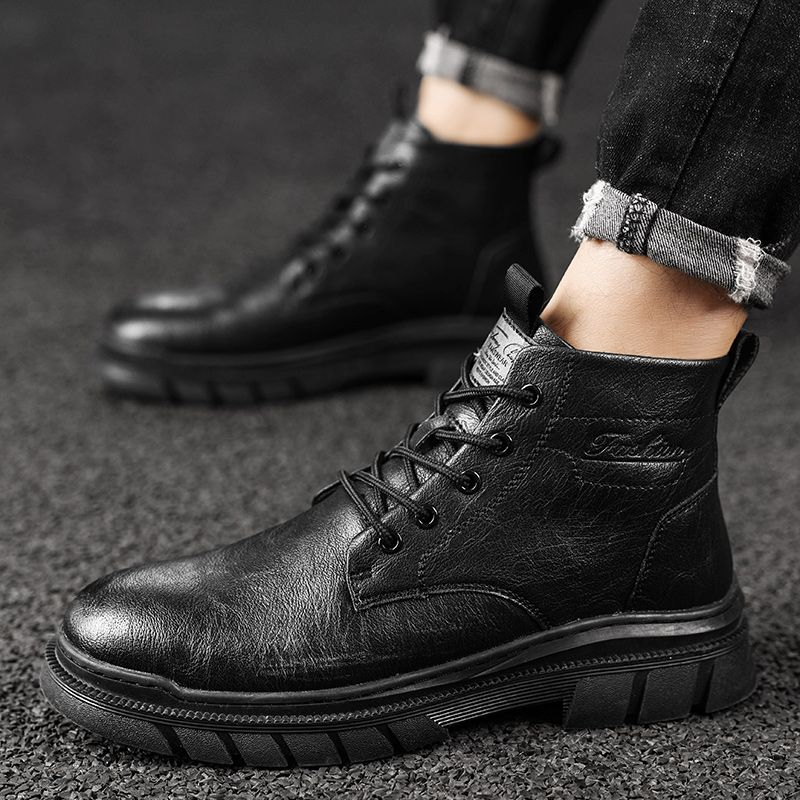 Martin high-top britiske mid-top lædersko korte sorte arbejdsstøvler til mænd_voghion.com