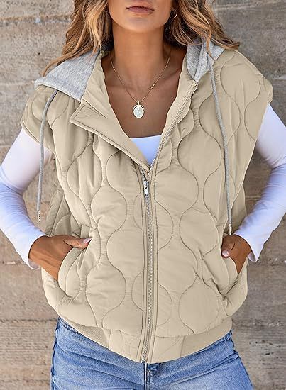 Nouvelle veste sans manches assortie pour femme, style européen et américain, simple et polyvalente, à capuche et cordon de serrage._voghion.com