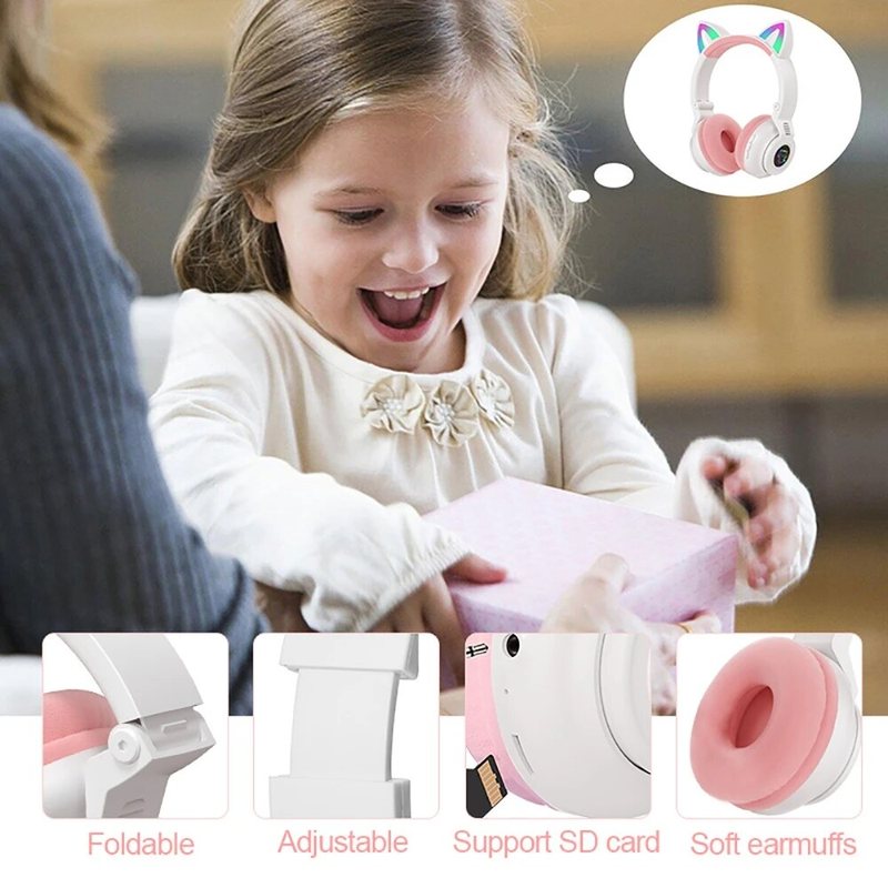 Cuffie wireless HiFi per ragazze con unicorno, microfono, stereo, bassi carini, musica per bambini, supporto per cuffie Bluetooth a forma di gatto_voghion.com