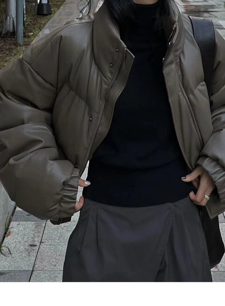 Abrigo corto de algodón y cuero PU para mujer, abrigo de invierno nuevo de pan grueso, abrigo para mujer, chaqueta acolchada para mujer, chaquetas para mujer_voghion.com