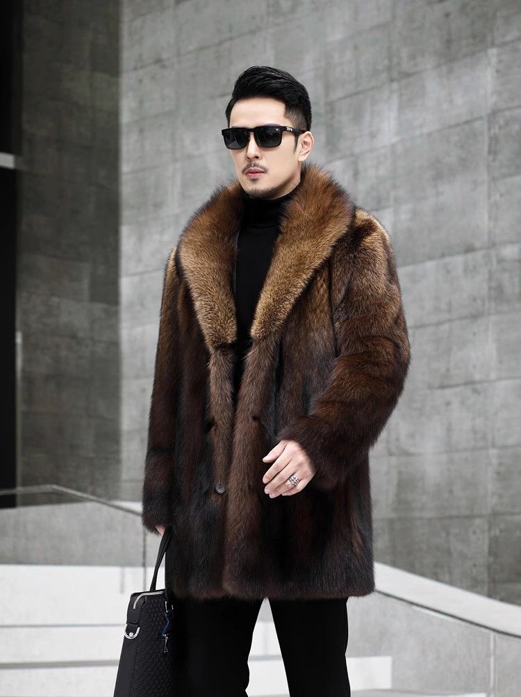 Casaco masculino de pele de vison sintético, longo, de inverno, slim fit, com decote em V, jaqueta casual com bolsos laterais (disponível nos tamanhos P-6XL, marrom)_voghion.com