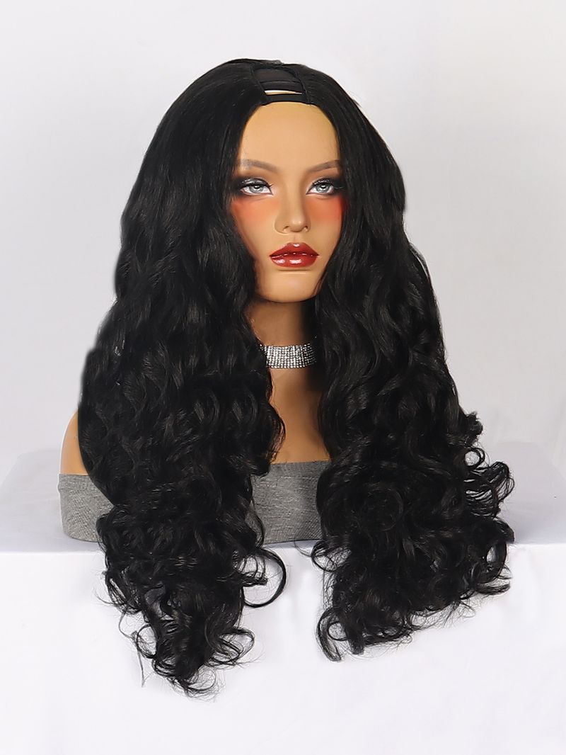 Parrucca sintetica con clip, moda da donna, in fibra chimica, mezza testa, nera, con capelli lunghi e ricci, modello Yaki, con parte centrale a V._voghion.com