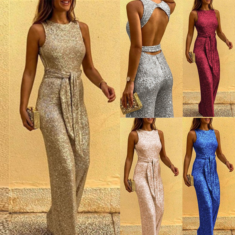 Îmbrăcăminte de damă, cu gât rotund, fără mâneci, salopetă personalizată cu punct argintiu cu paiete_voghion.com