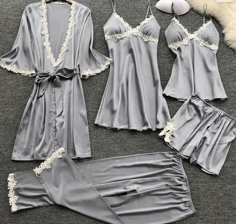 Lenjerie de dormit pentru femei Pijamale sexy din cinci piese pentru femei Rochie de mireasa cu maneca mijlocie de vara Marime mari Imbracaminte pentru casa Camasa de noapte_voghion.com