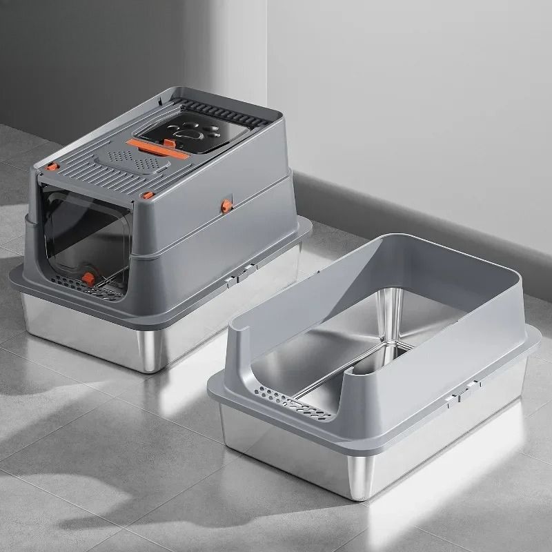 Lettiera per gatti extra large chiusa con base in acciaio inossidabile resistente, parte superiore rimovibile per un design semi-chiuso e recinzione alta_voghion.com