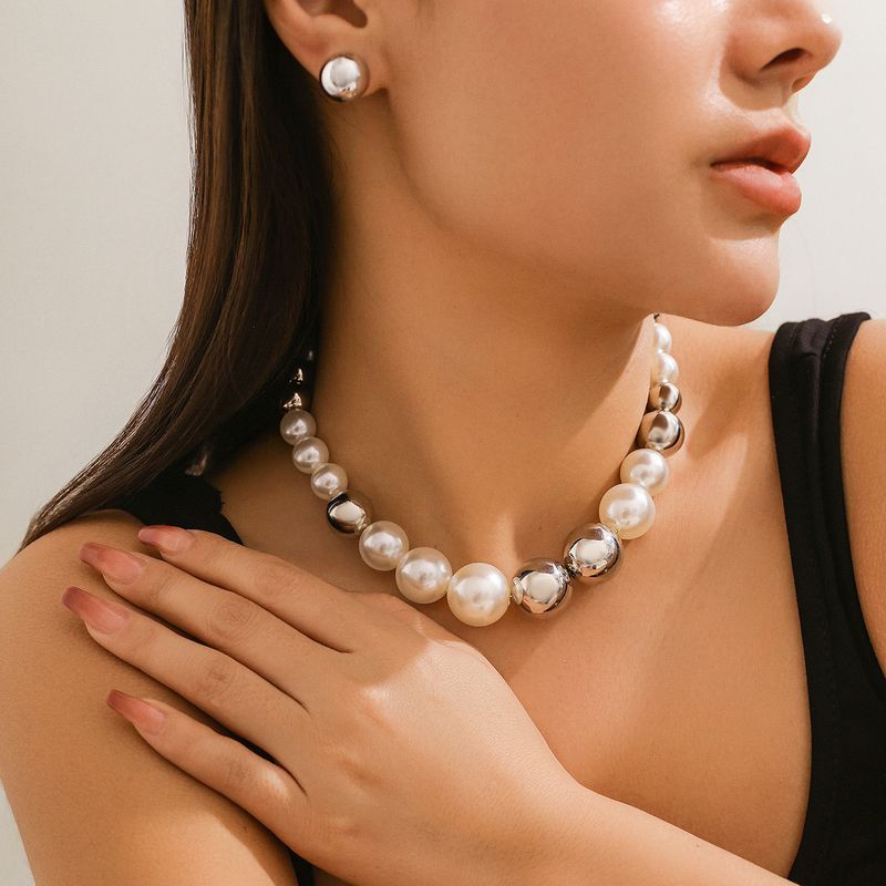 Collar de cuentas metálicas exageradas estilo punk con temperamento de gargantilla, conjunto de collar corto de perlas_voghion.com