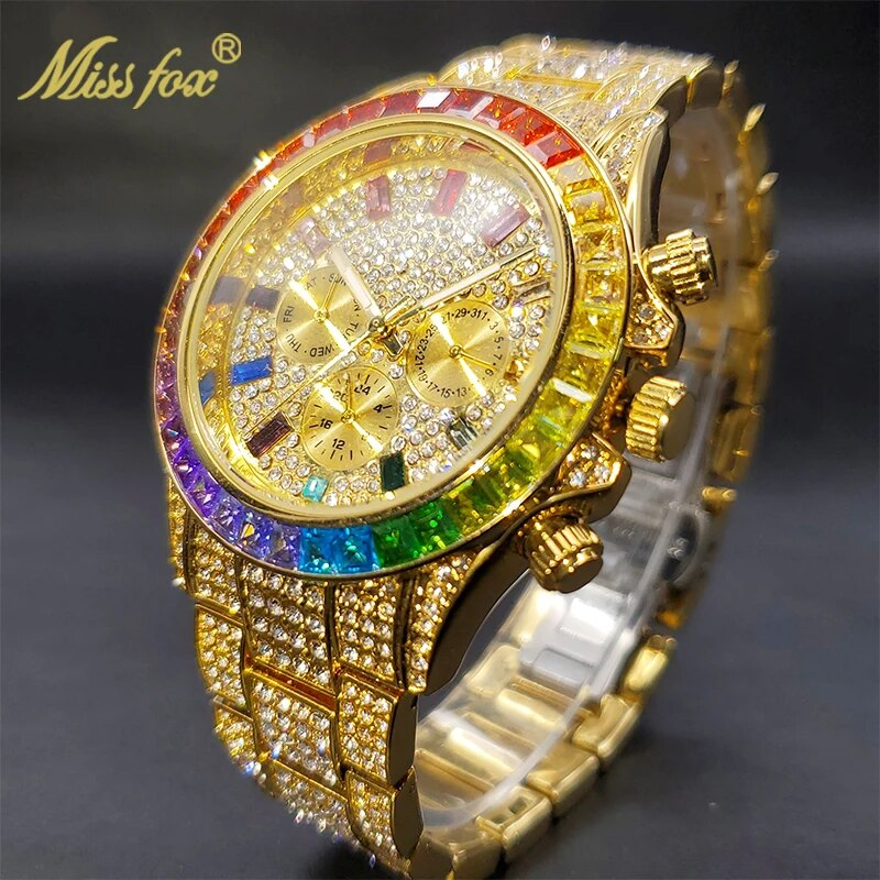 Missfox - Gouden herenhorloge, regenboogdiamanten wijzerplaat, chronograaf met drievoudige wijzerplaat, waterdicht, sportief, elegant_voghion.com