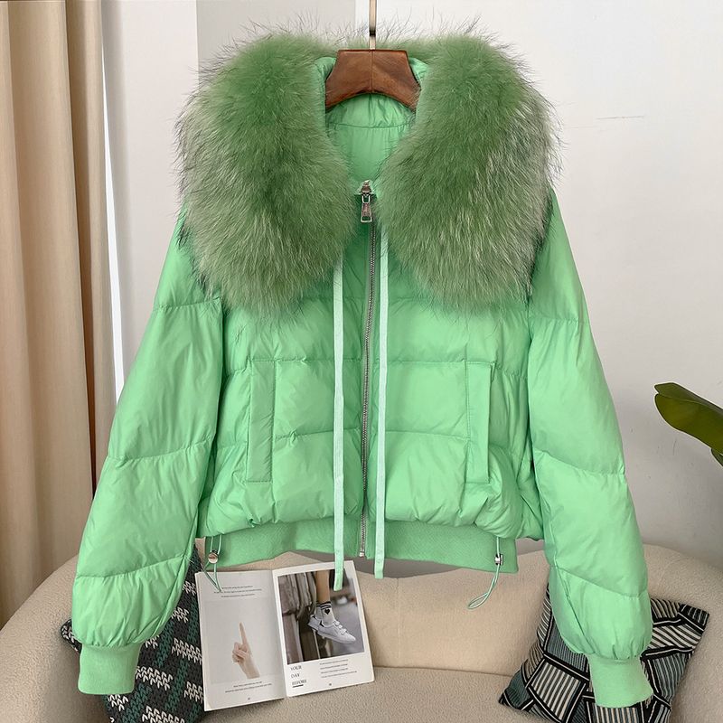 Women's Clothing Ready to stock detachable oversized raccoon fur collar winter women's short thickened white duck Warm jacket jacket flat coat coat_voghion.com