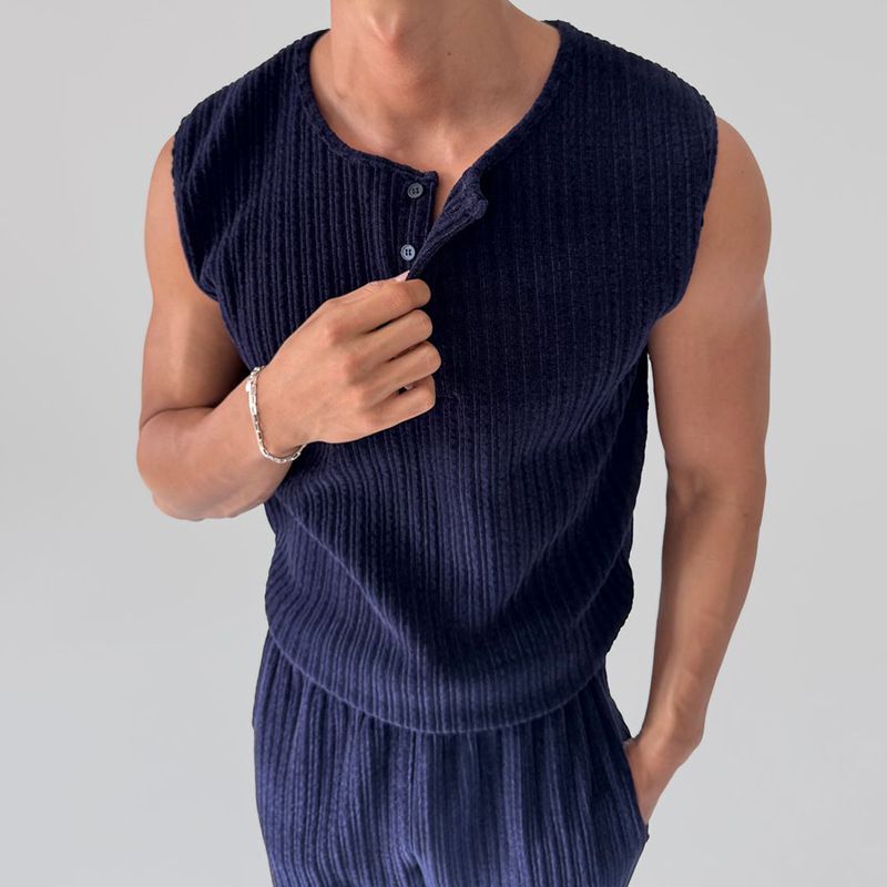 Herrenbekleidung Frühling und Sommer Ärmellose Weste mit Henley-Kragen Lässige, lockere Hose Gestreifter Anzug_voghion.com